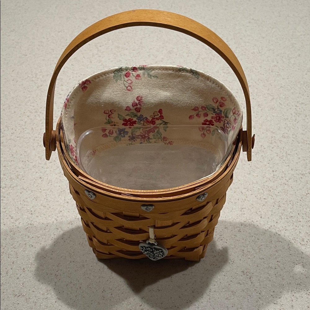 Longaberger Tan Woven Basket Bag with Floral Interior